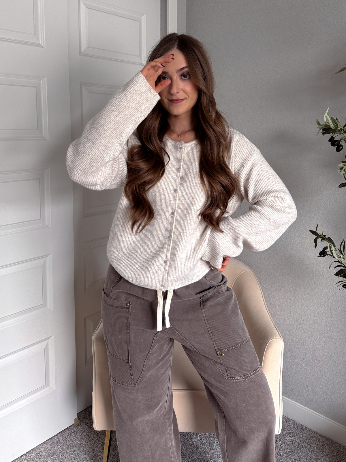 Clara Relaxed Fit Ribbed Cardigan (Oatmeal)