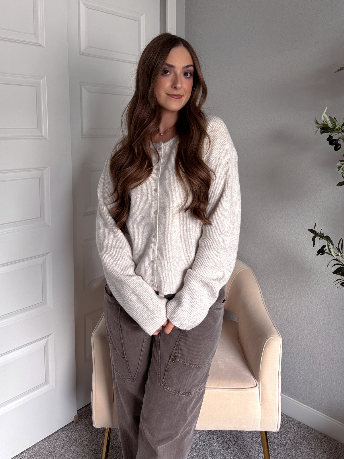 Clara Relaxed Fit Ribbed Cardigan (Oatmeal)