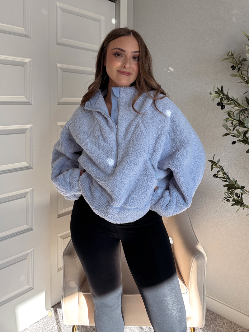 Cloudline Quarter Zip Hooded Sherpa Jacket (Lavender Blue)