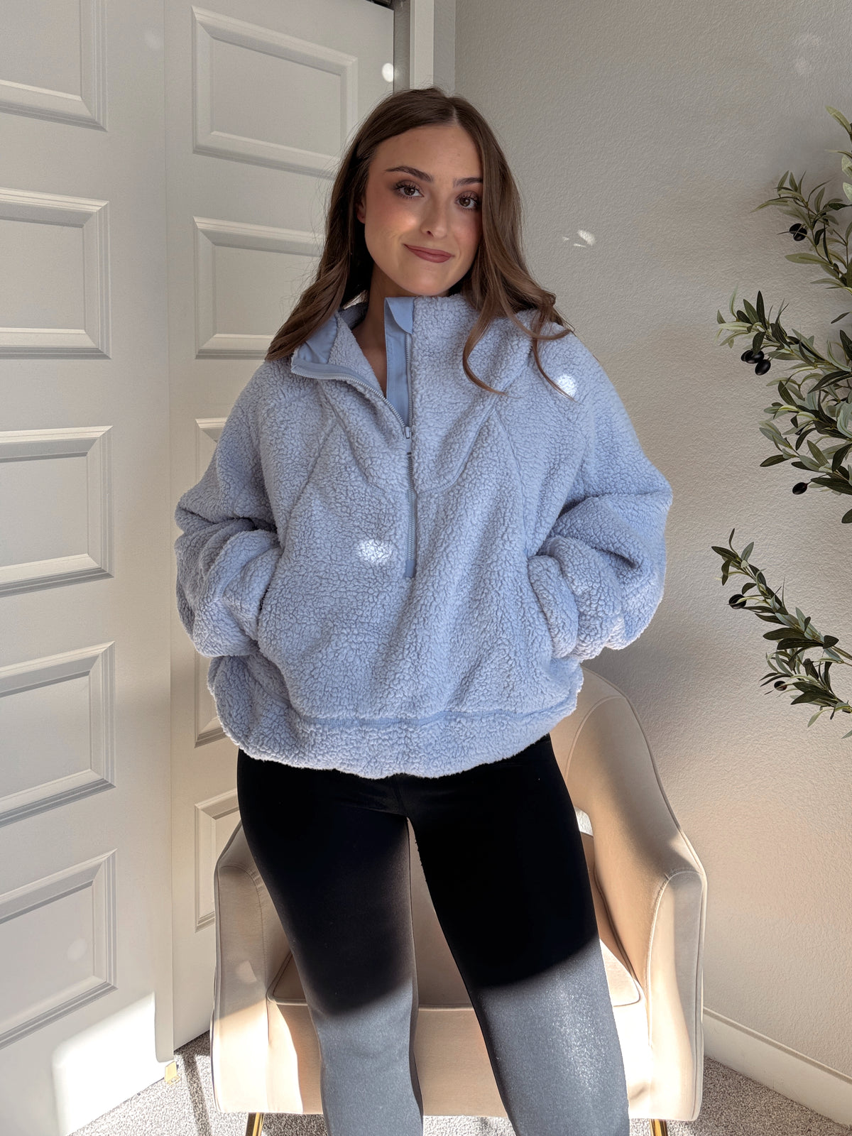 Cloudline Quarter Zip Hooded Sherpa Jacket (Lavender Blue)