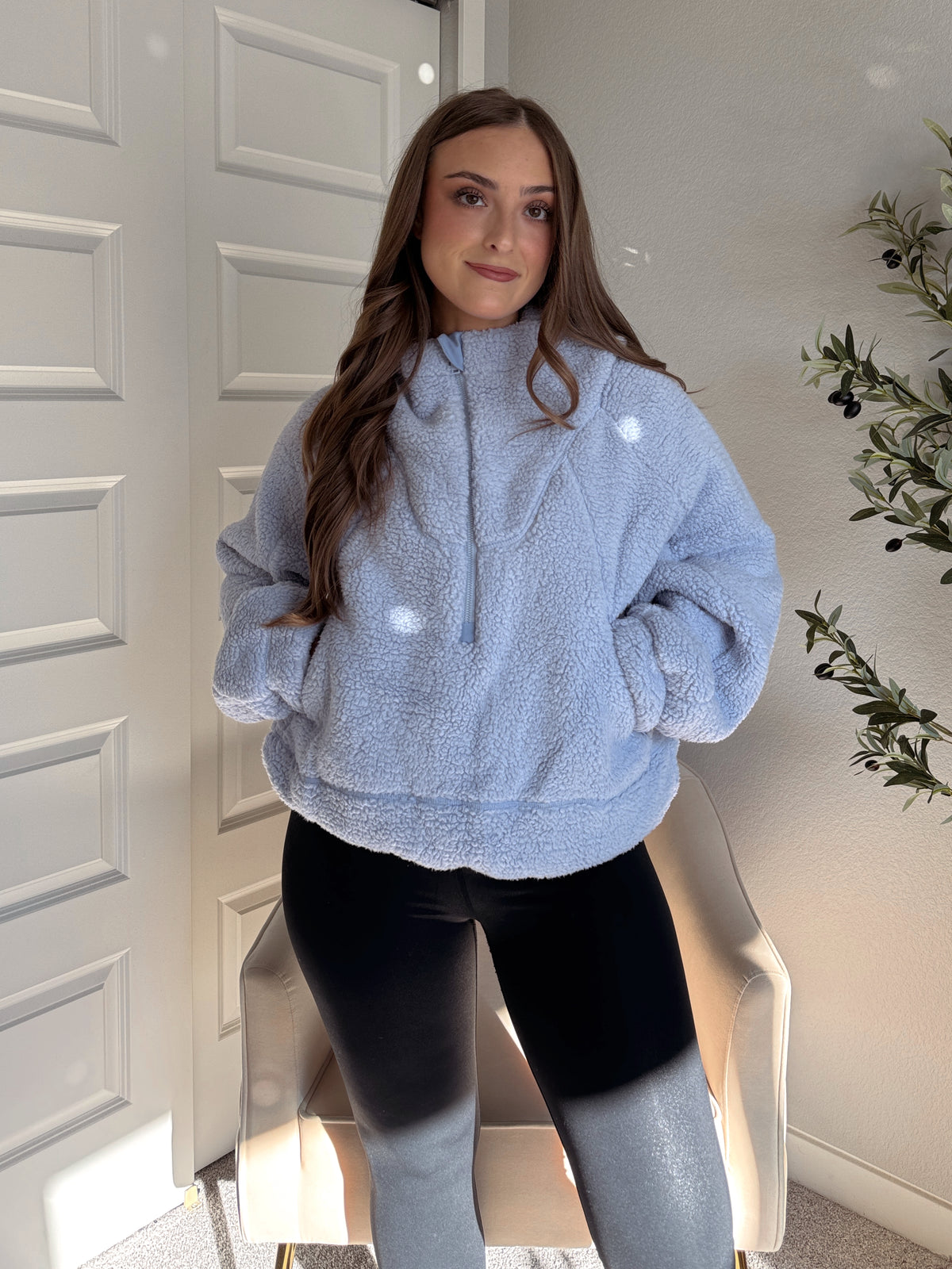 Cloudline Quarter Zip Hooded Sherpa Jacket (Lavender Blue)