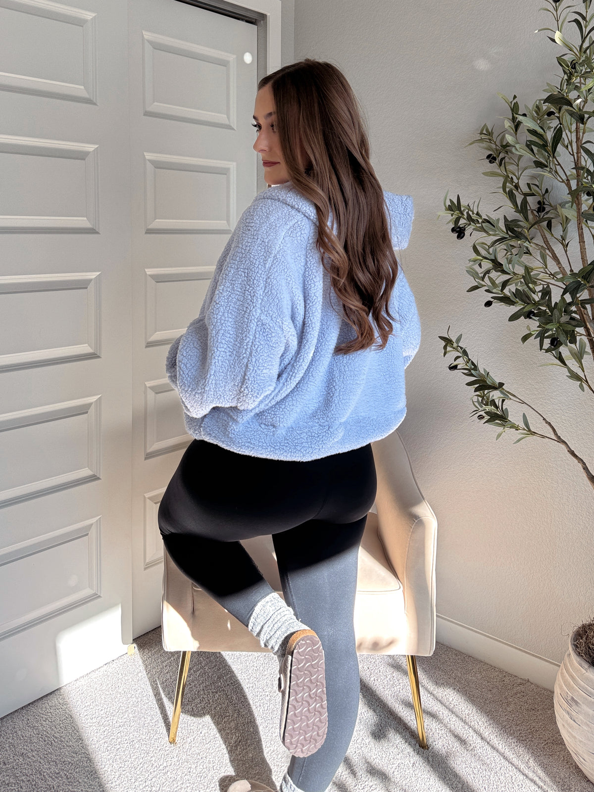 Cloudline Quarter Zip Hooded Sherpa Jacket (Lavender Blue)