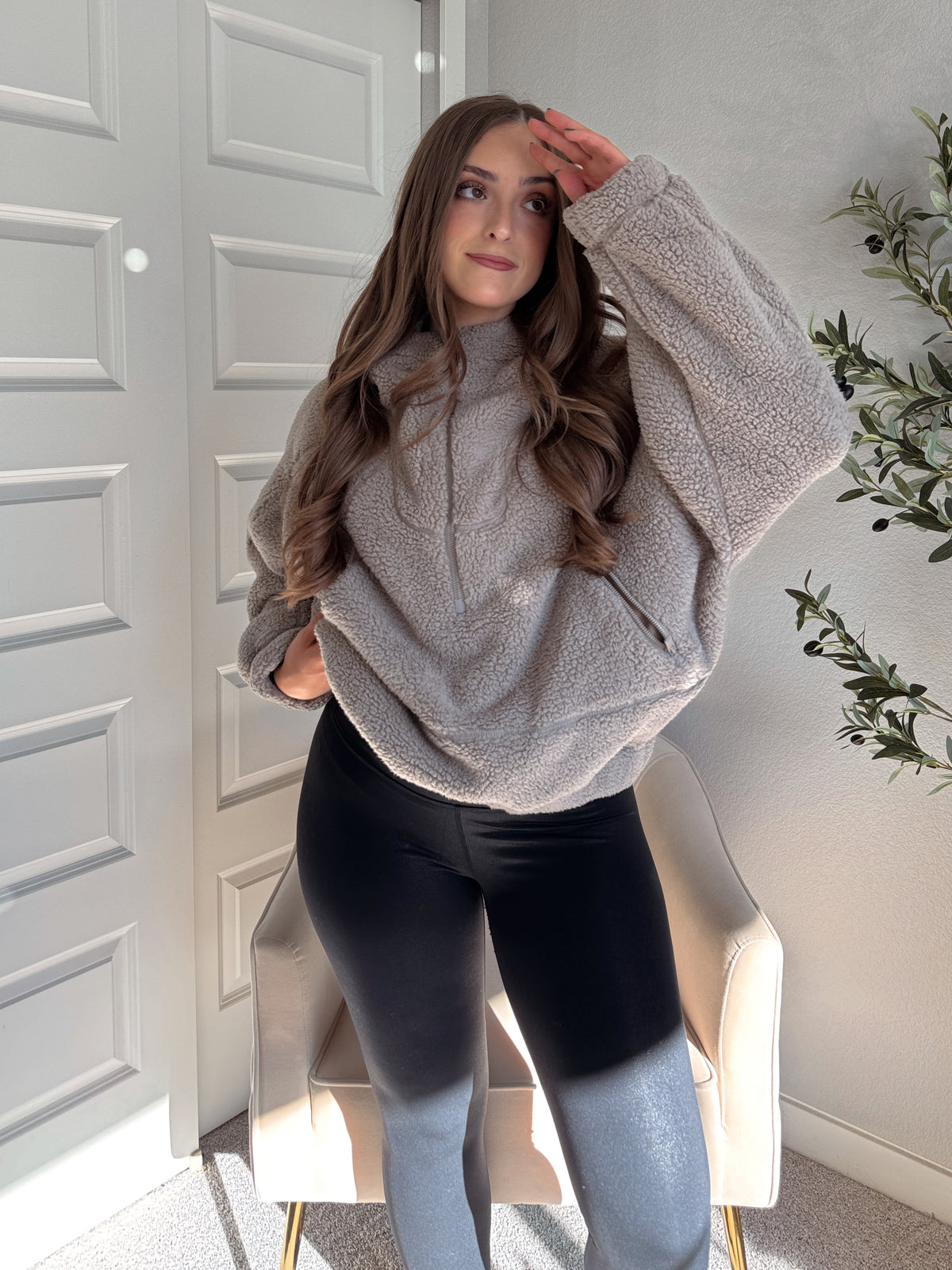 Cloudline Quarter Zip Hooded Sherpa Jacket (Stone Taupe)