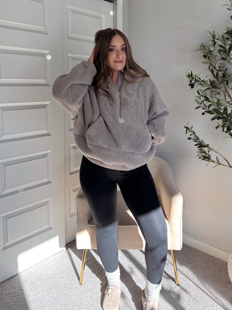 Cloudline Quarter Zip Hooded Sherpa Jacket (Stone Taupe)