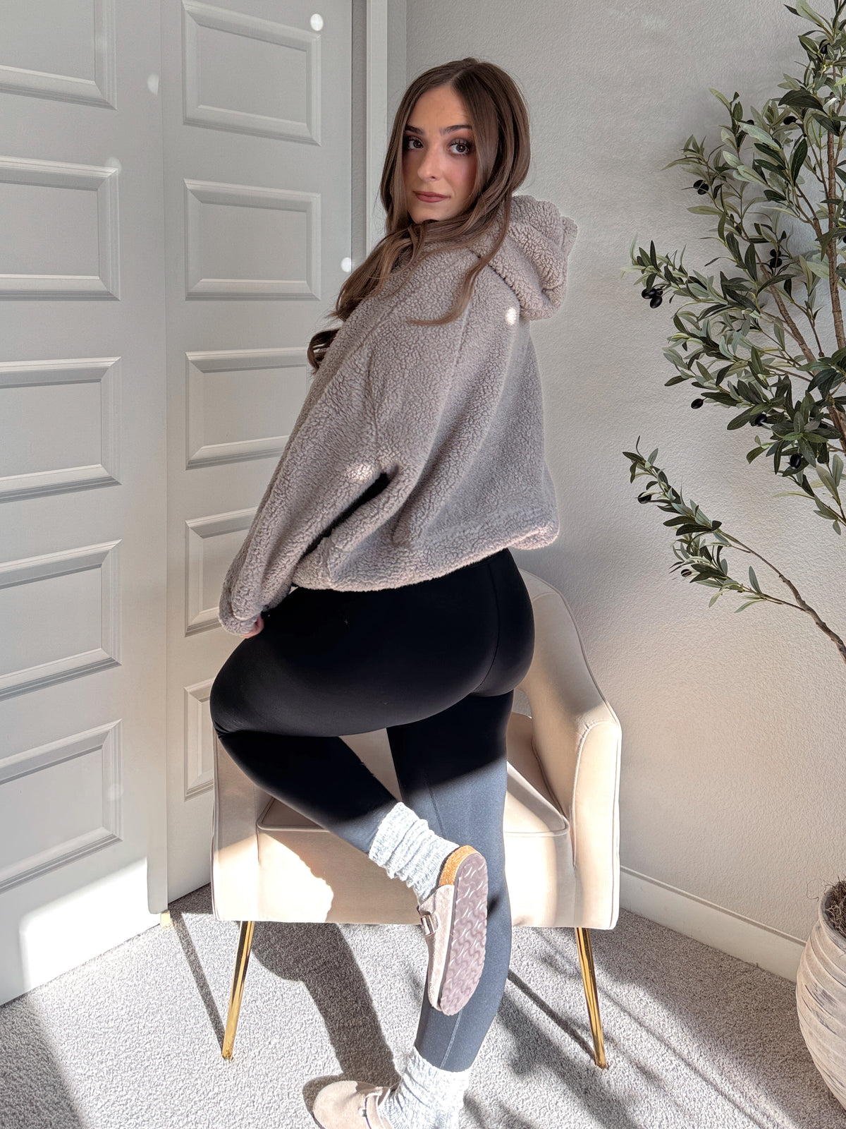 Cloudline Quarter Zip Hooded Sherpa Jacket (Stone Taupe)