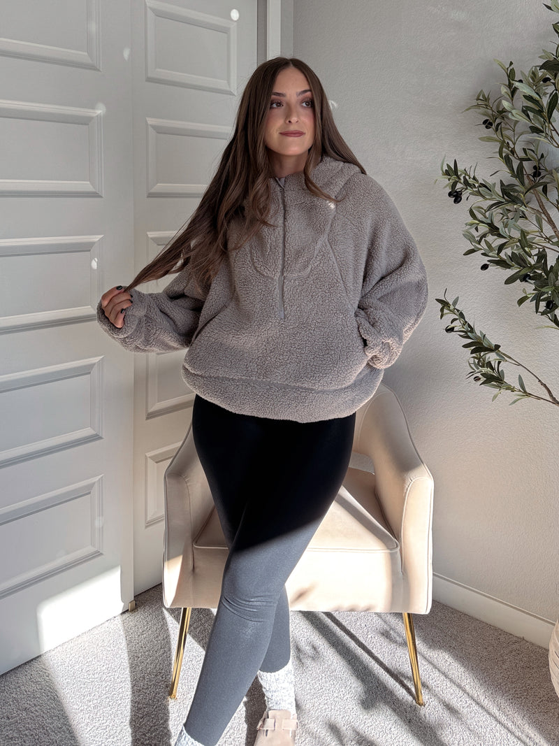 Cloudline Quarter Zip Hooded Sherpa Jacket (Stone Taupe)