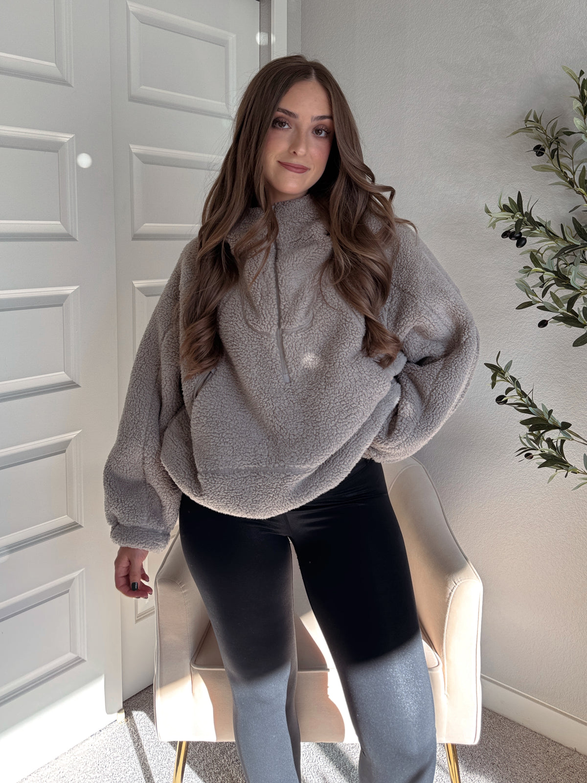 Cloudline Quarter Zip Hooded Sherpa Jacket (Stone Taupe)