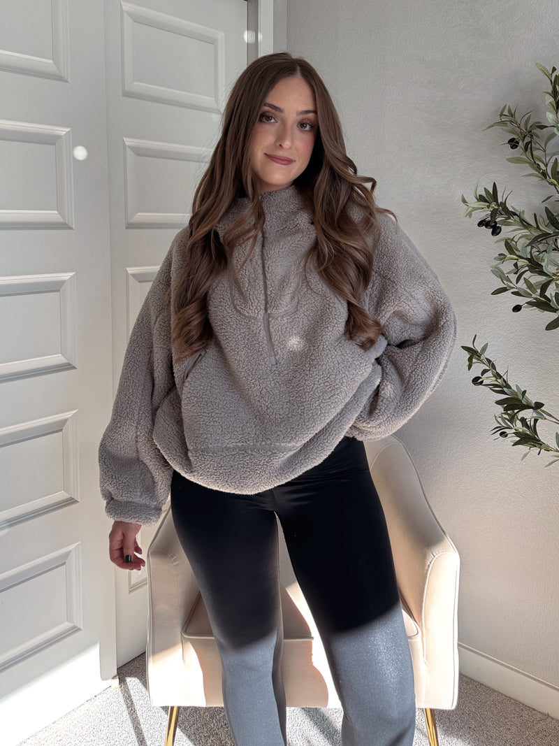 Cloudline Quarter Zip Hooded Sherpa Jacket (Stone Taupe)