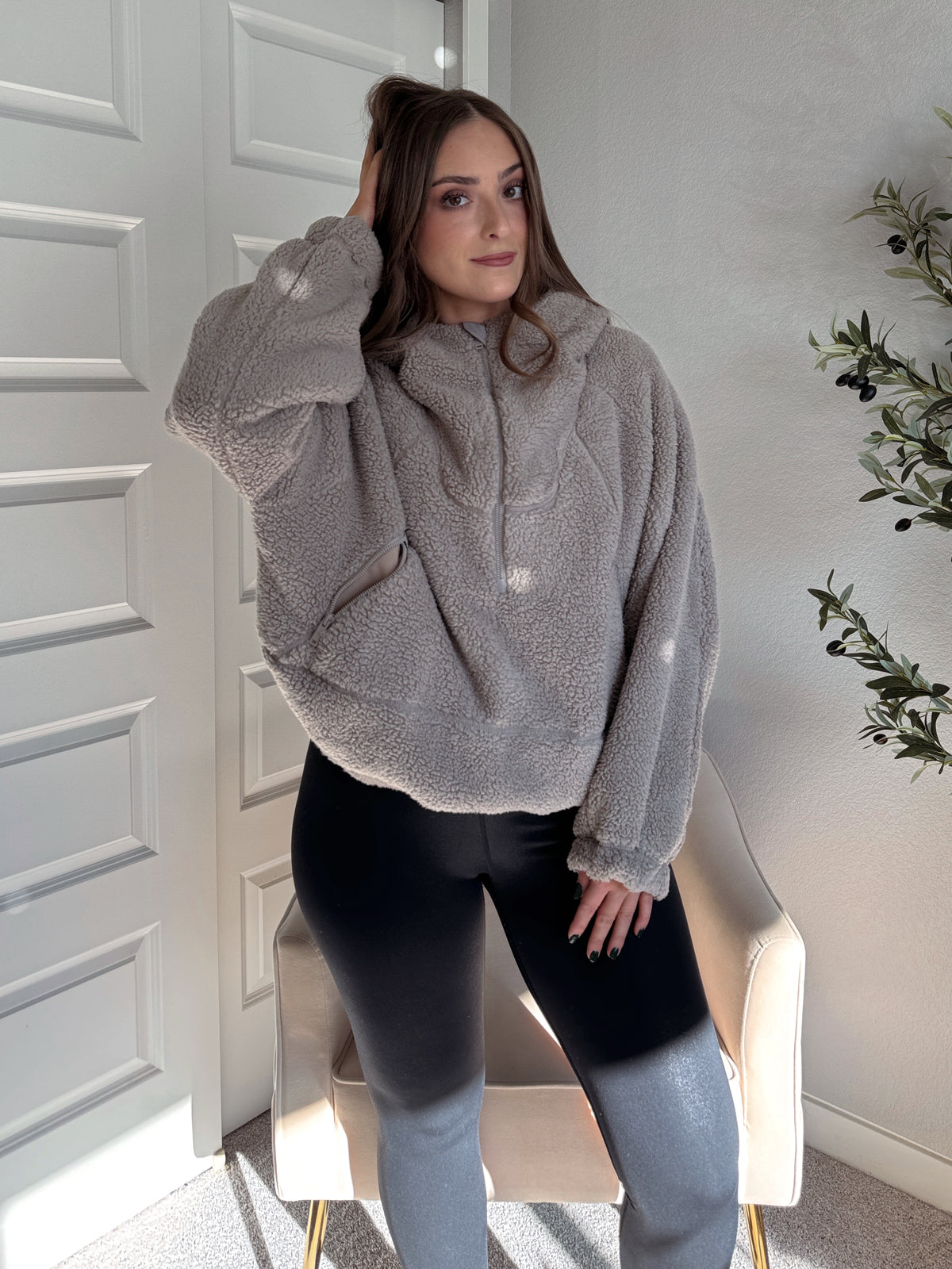 Cloudline Quarter Zip Hooded Sherpa Jacket (Stone Taupe)