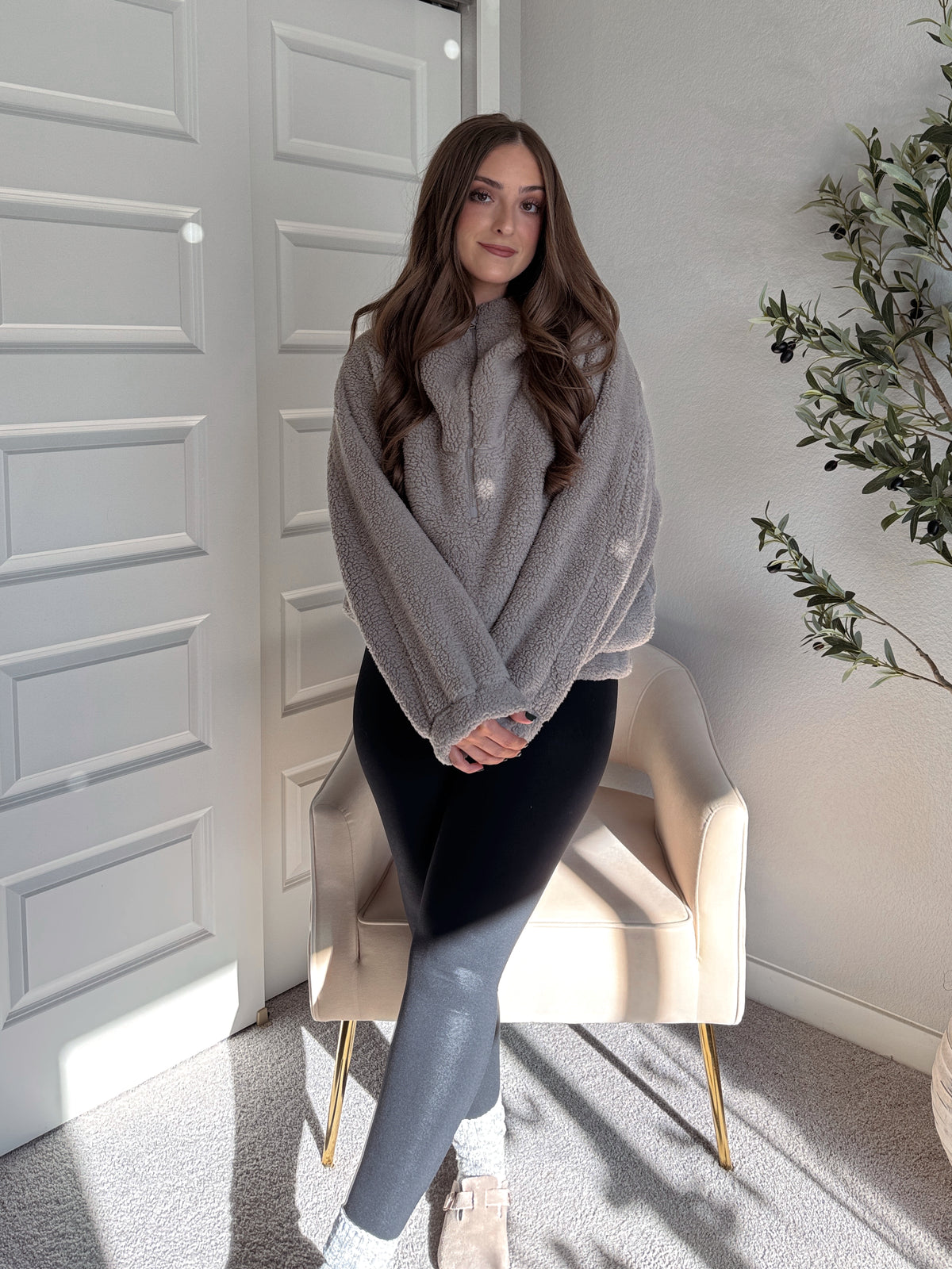 Cloudline Quarter Zip Hooded Sherpa Jacket (Stone Taupe)