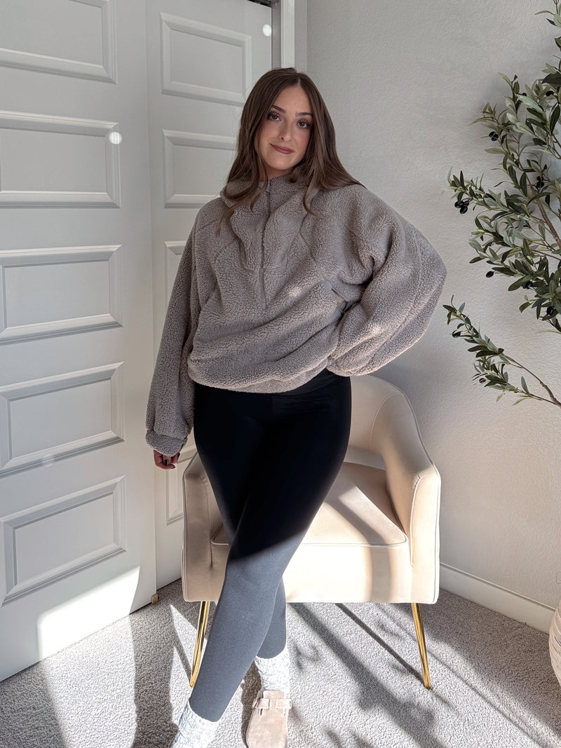 Cloudline Quarter Zip Hooded Sherpa Jacket (Stone Taupe)