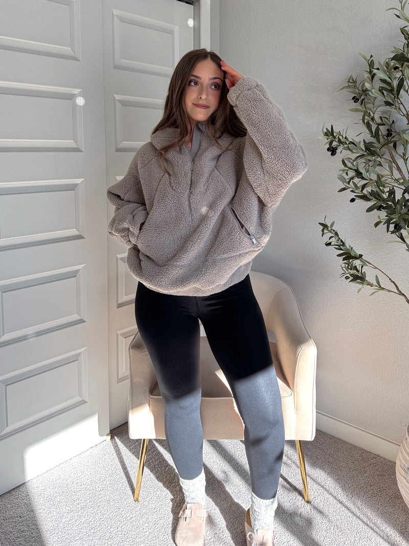 Cloudline Quarter Zip Hooded Sherpa Jacket (Stone Taupe)