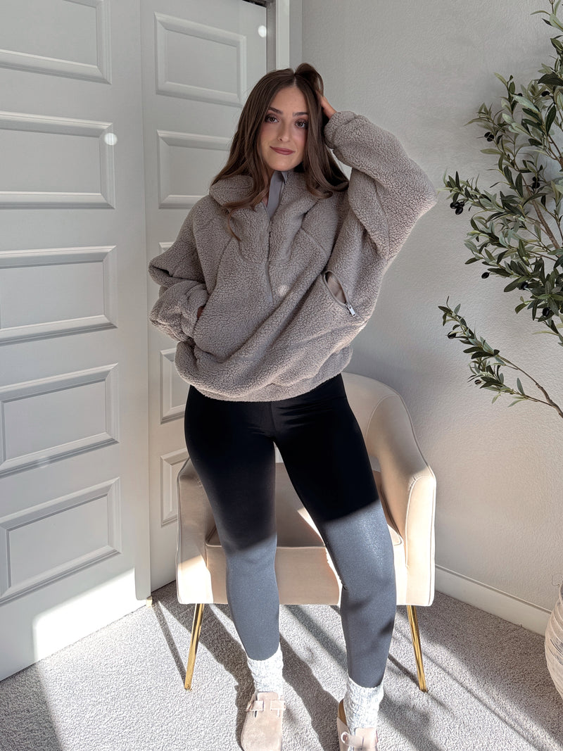 Cloudline Quarter Zip Hooded Sherpa Jacket (Stone Taupe)