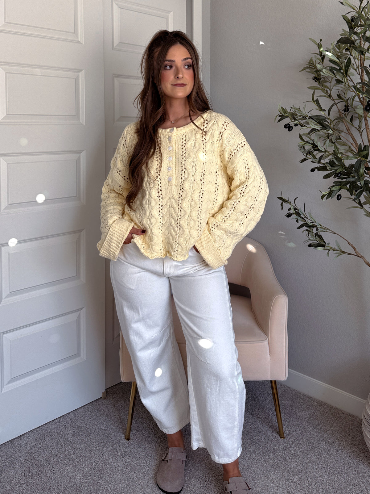 Clover Cable Knit Pullover Sweater (Butter Yellow)