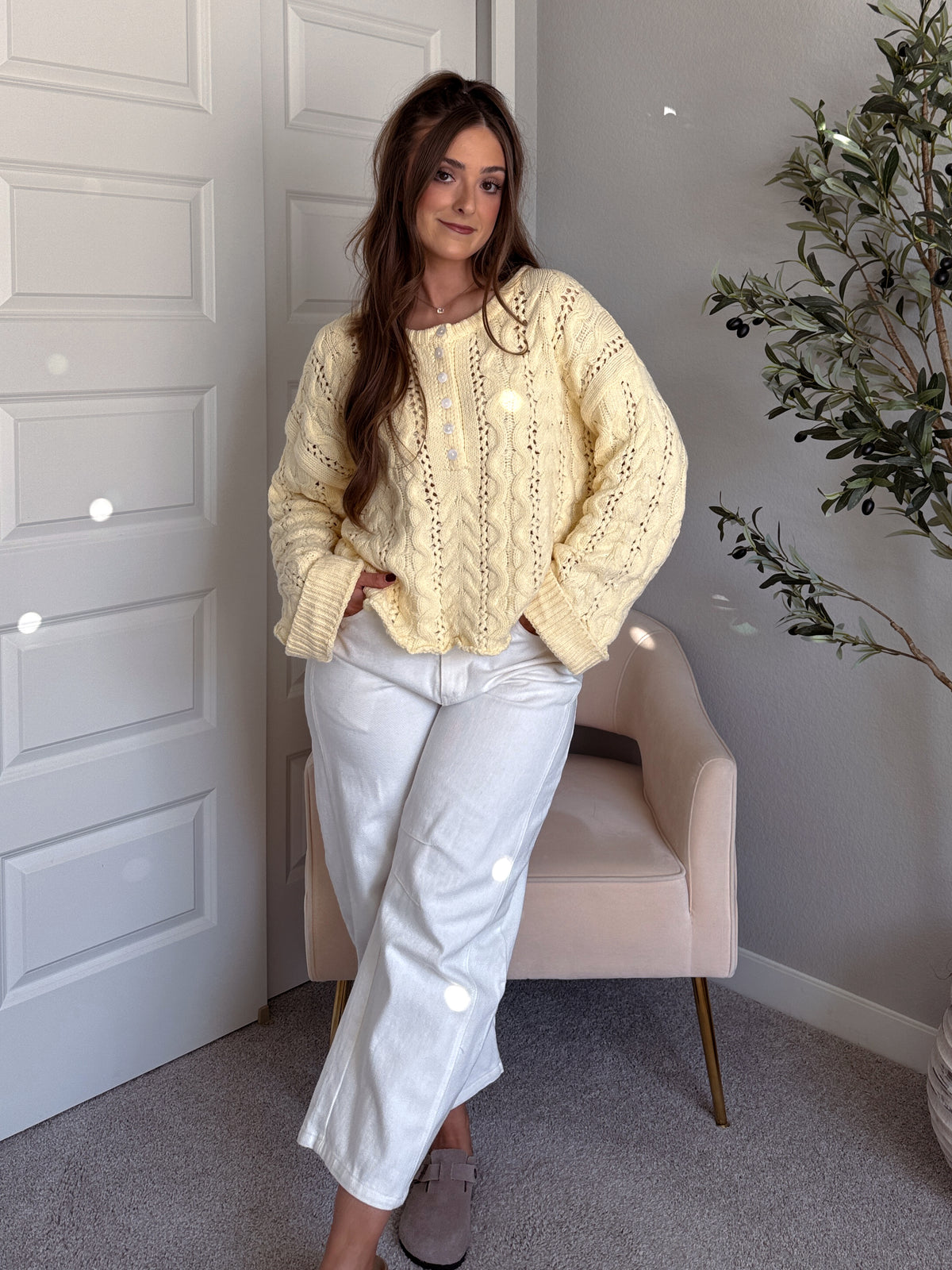 Clover Cable Knit Pullover Sweater (Butter Yellow)