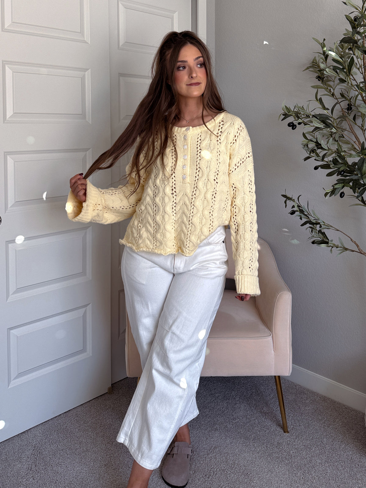 Clover Cable Knit Pullover Sweater (Butter Yellow)