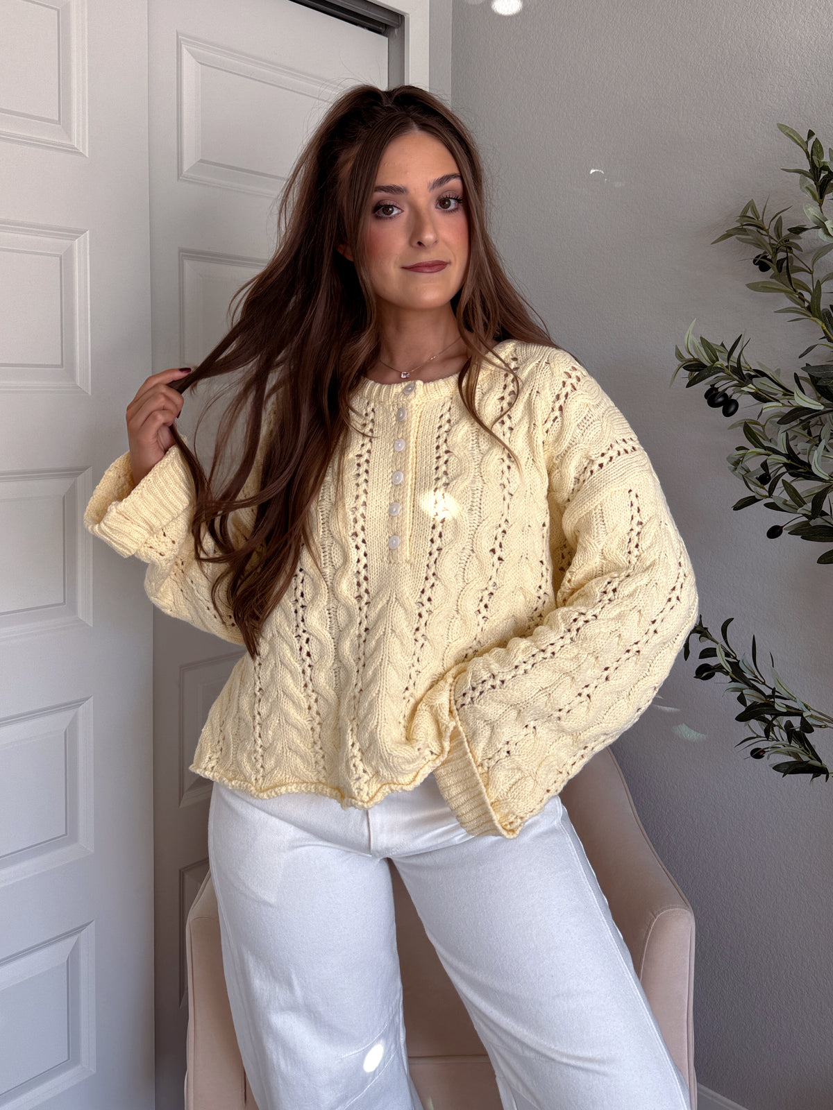 Clover Cable Knit Pullover Sweater (Butter Yellow)