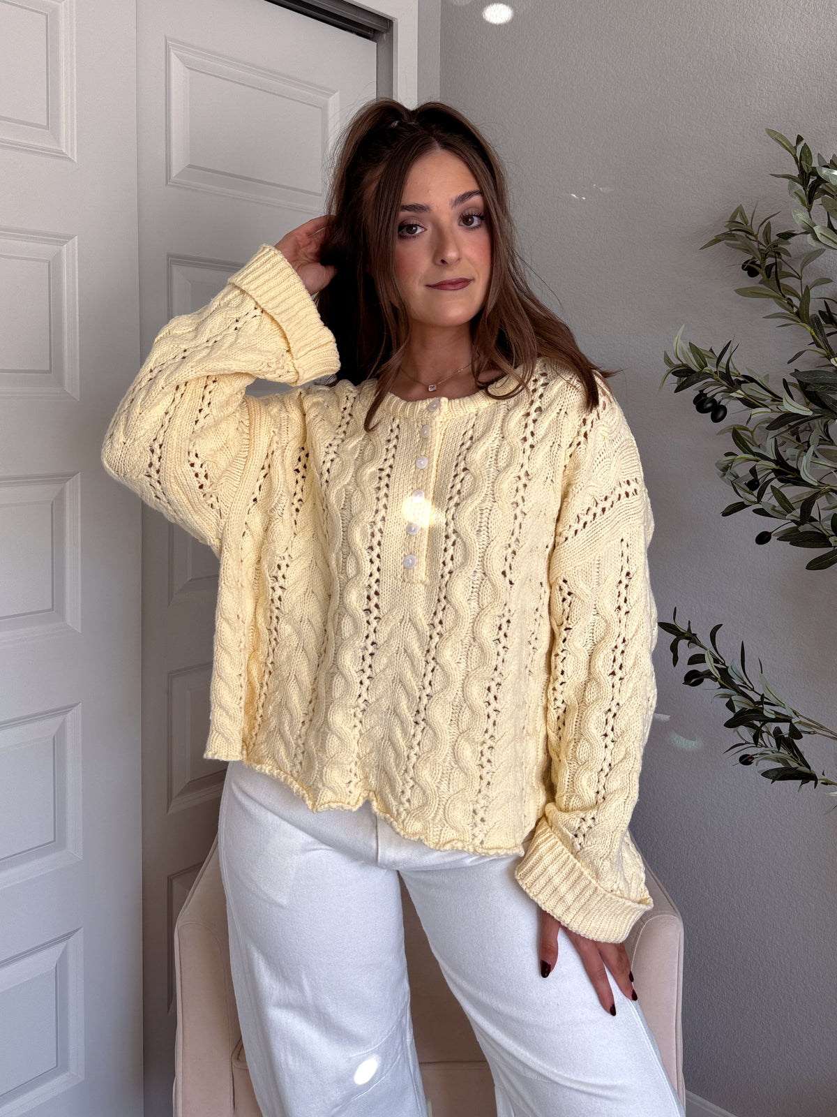 Clover Cable Knit Pullover Sweater (Butter Yellow)