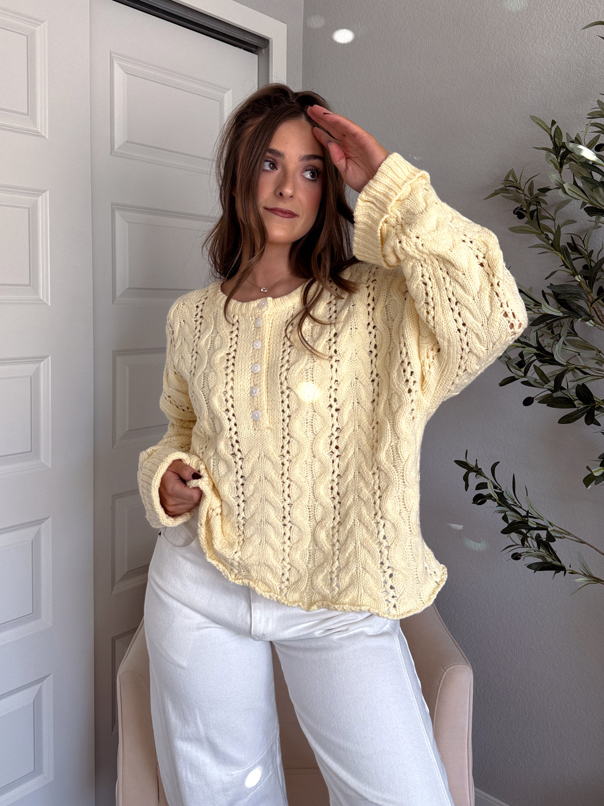 Clover Cable Knit Pullover Sweater (Butter Yellow)
