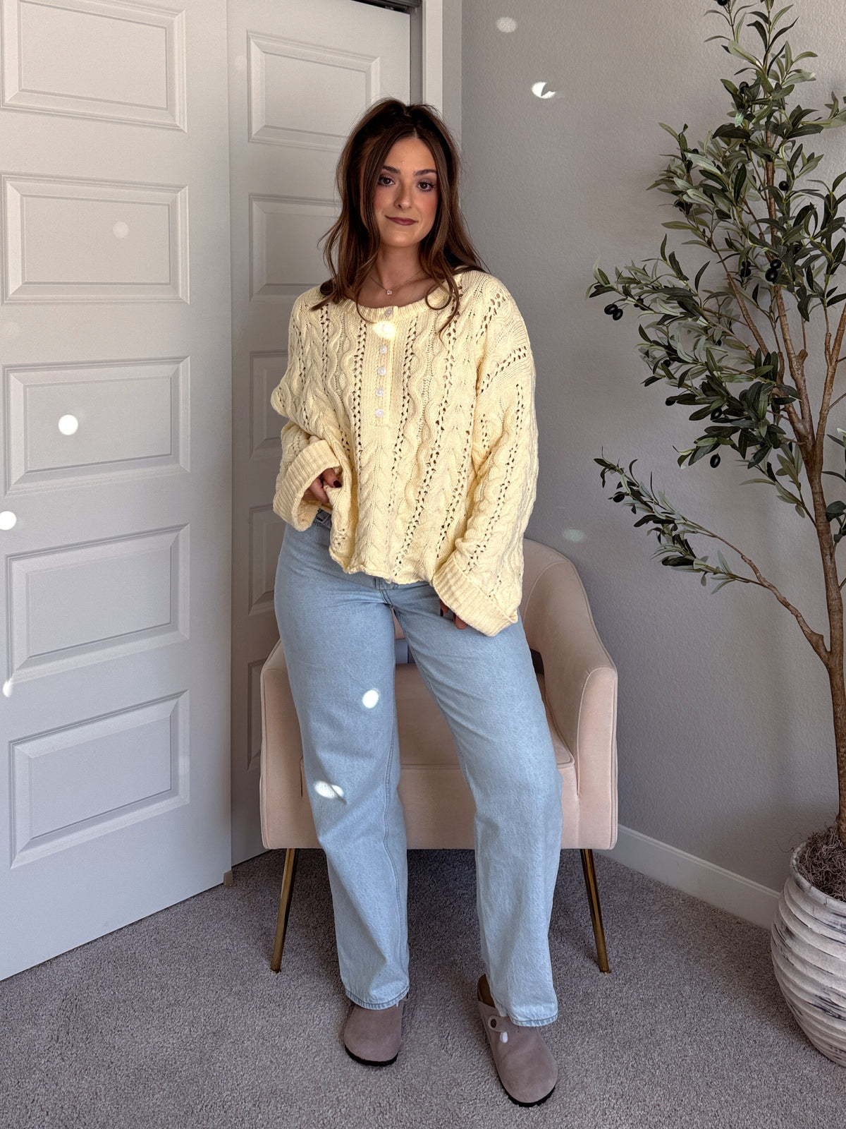 Clover Cable Knit Pullover Sweater (Butter Yellow)
