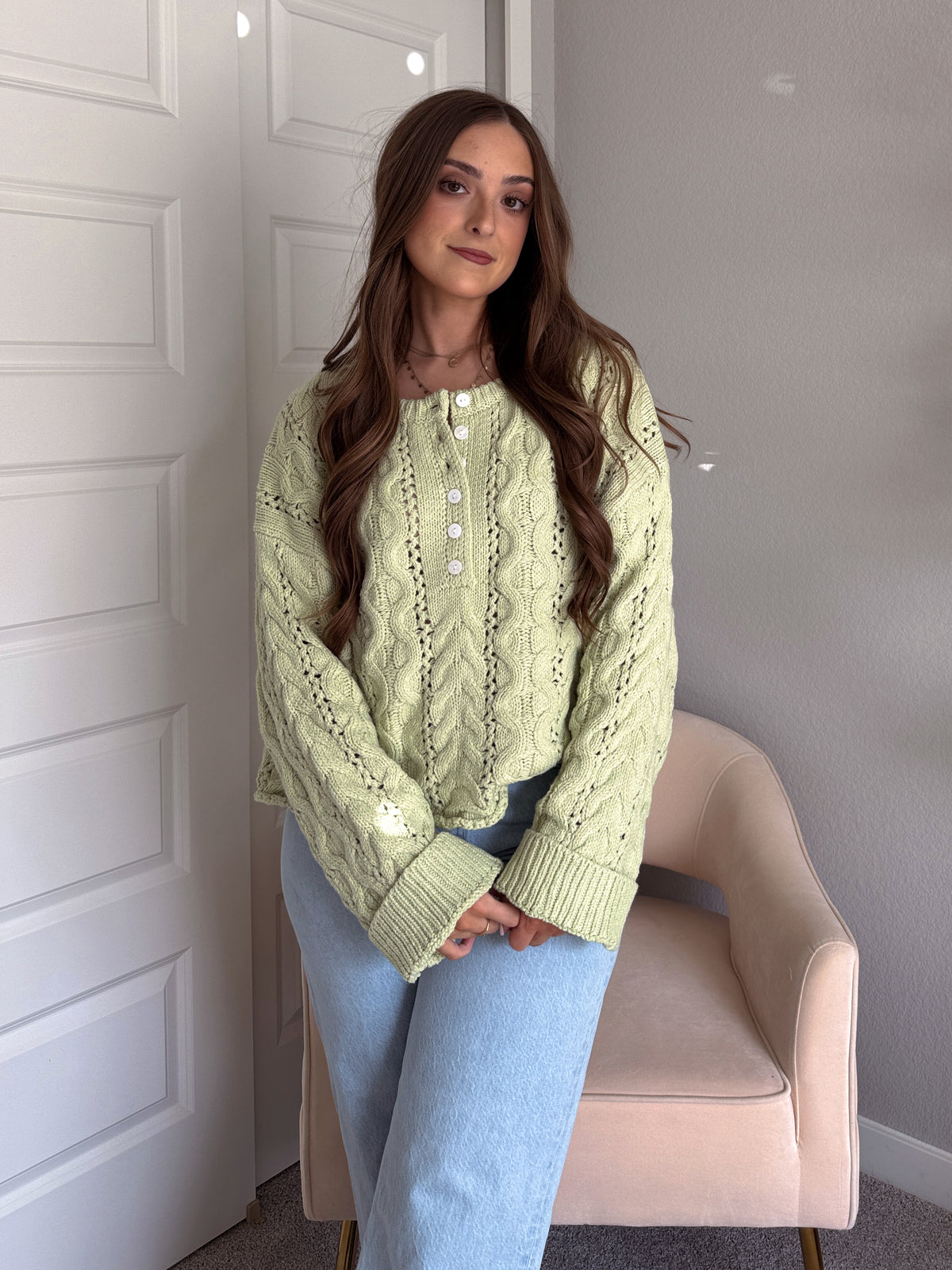 Clover Cable Knit Pullover Sweater (Light Green)