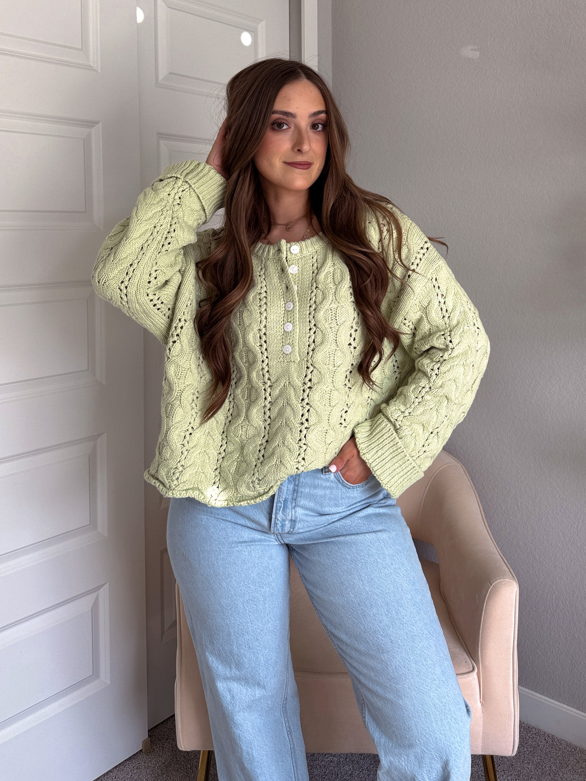 Clover Cable Knit Pullover Sweater (Light Green)