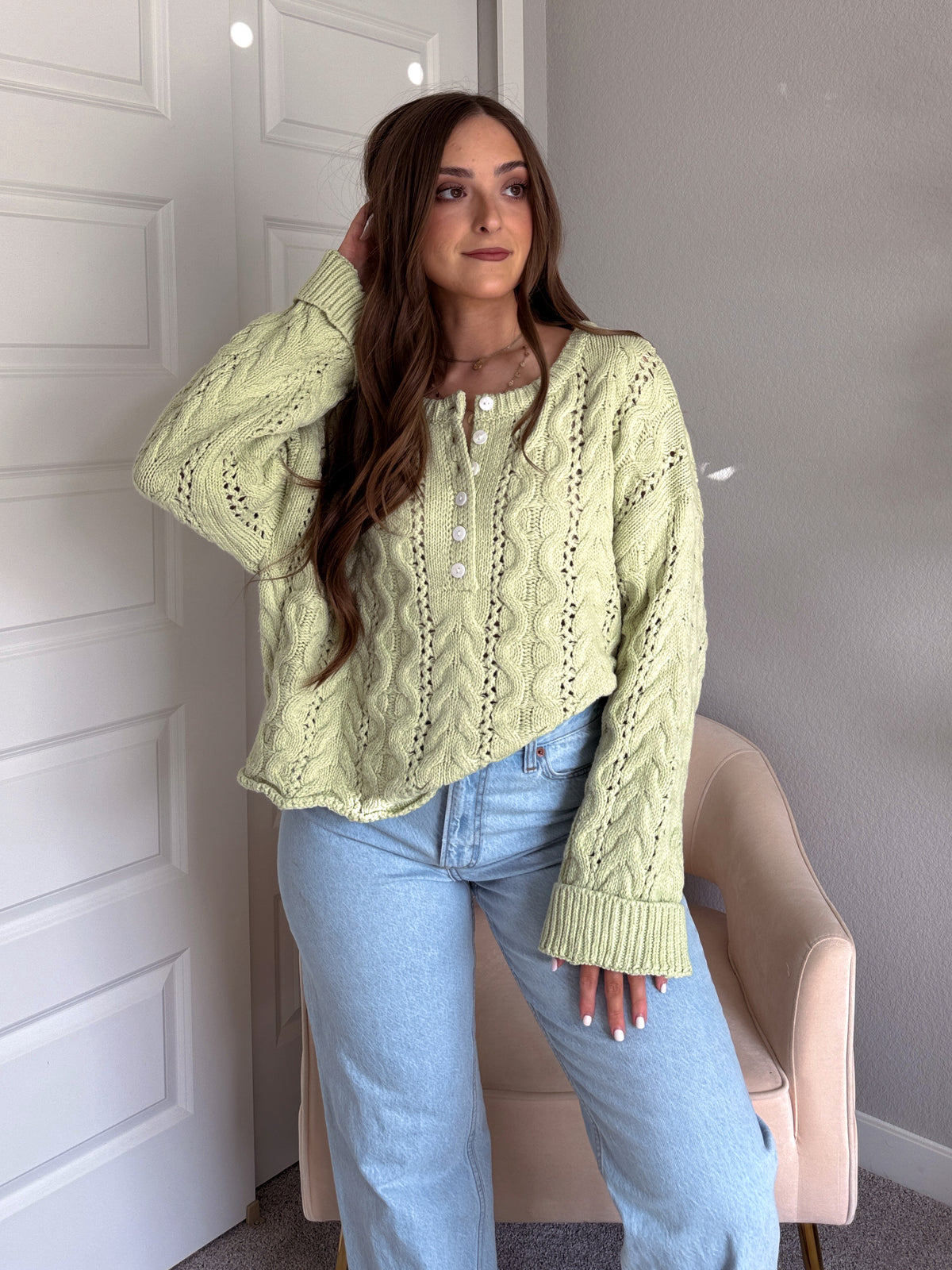 Clover Cable Knit Pullover Sweater (Light Green)