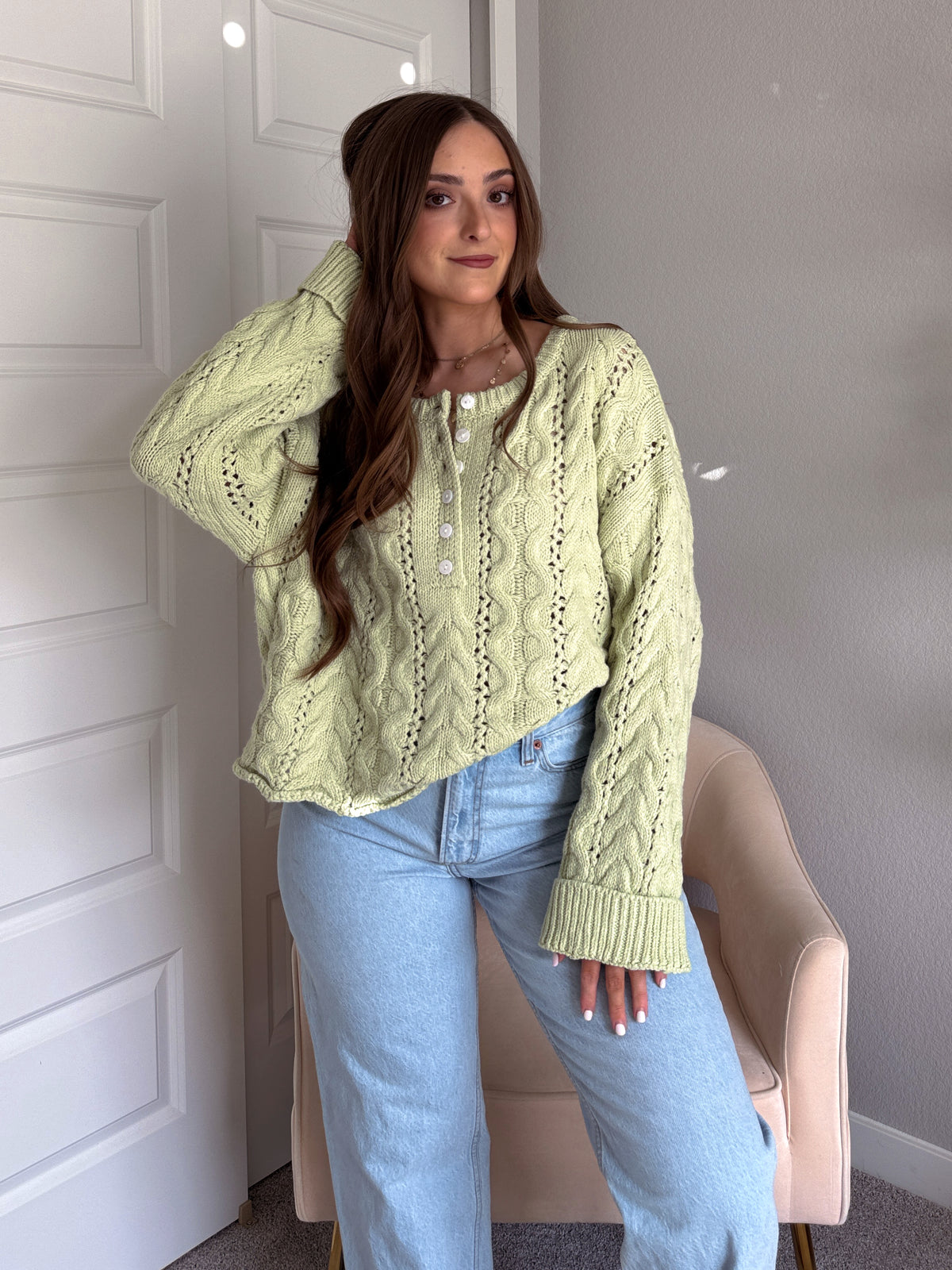Clover Cable Knit Pullover Sweater (Light Green)