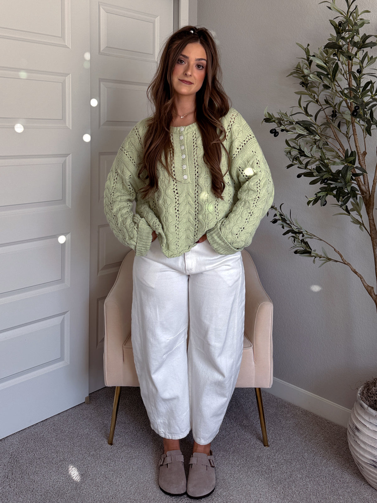 Clover Cable Knit Pullover Sweater (Light Green)