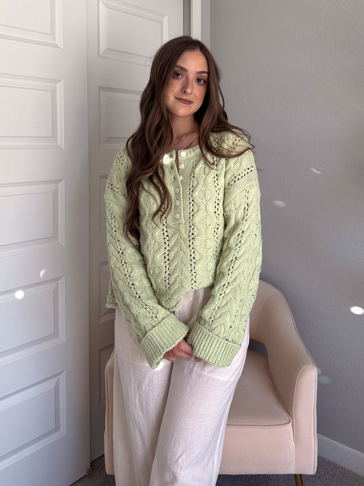 Clover Cable Knit Pullover Sweater (Light Green)