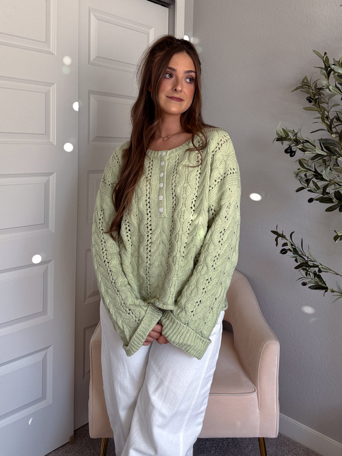 Clover Cable Knit Pullover Sweater (Light Green)
