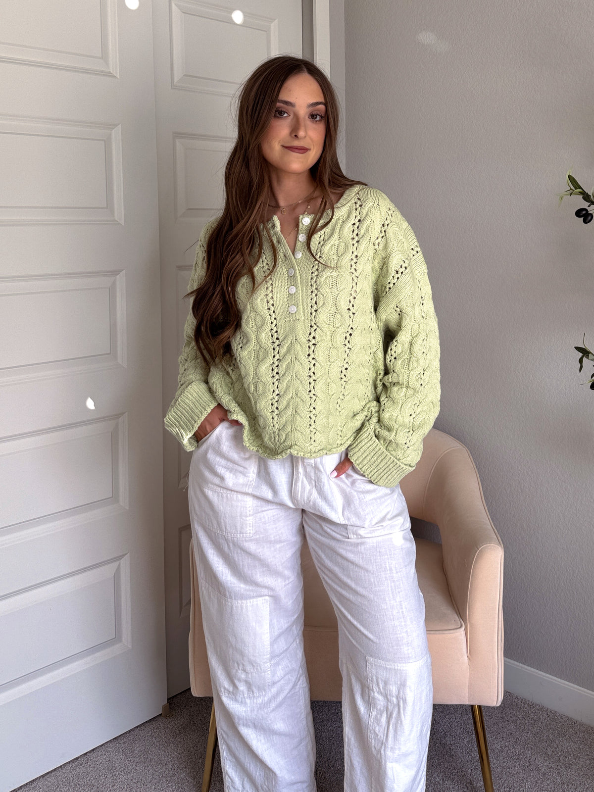 Clover Cable Knit Pullover Sweater (Light Green)