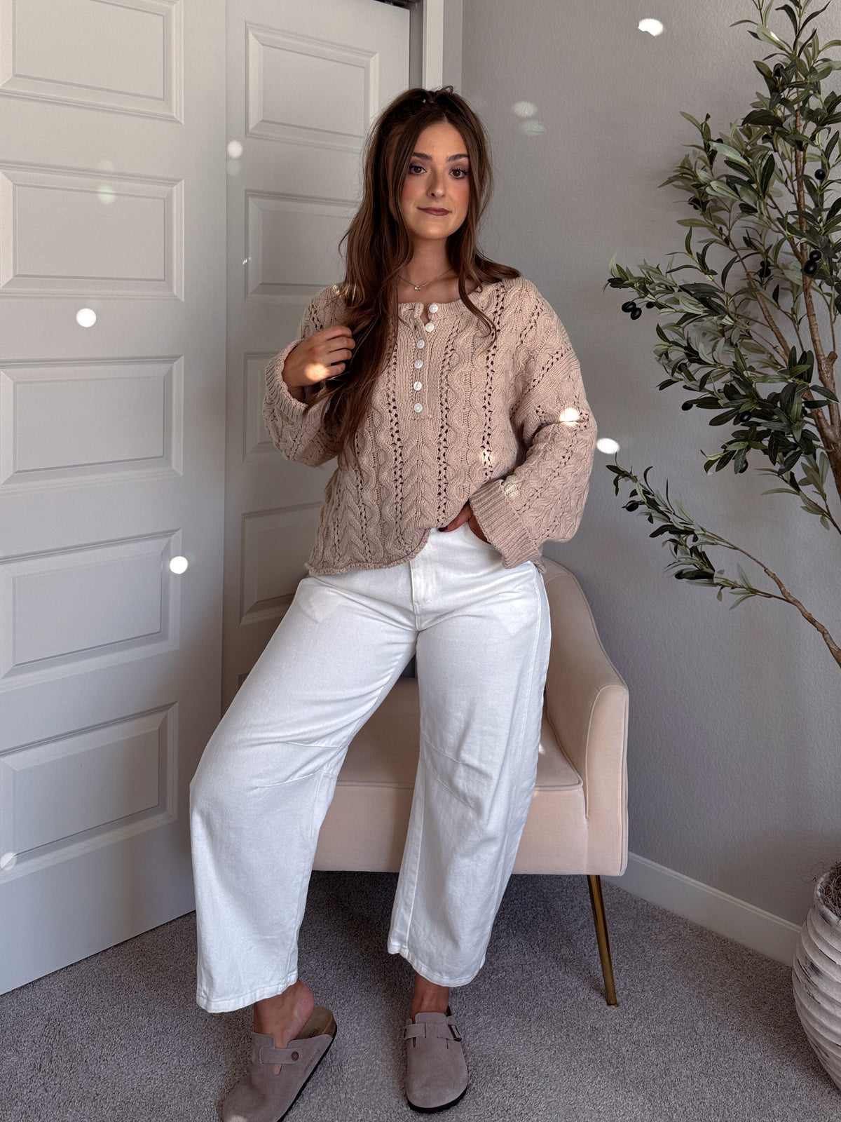 Clover Cable Knit Pullover Sweater (Taupe)