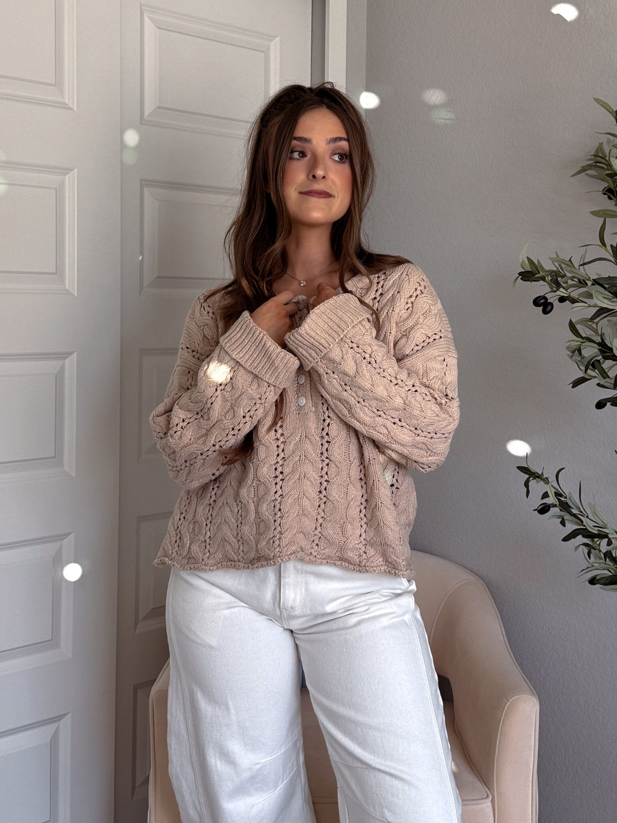 Clover Cable Knit Pullover Sweater (Taupe)