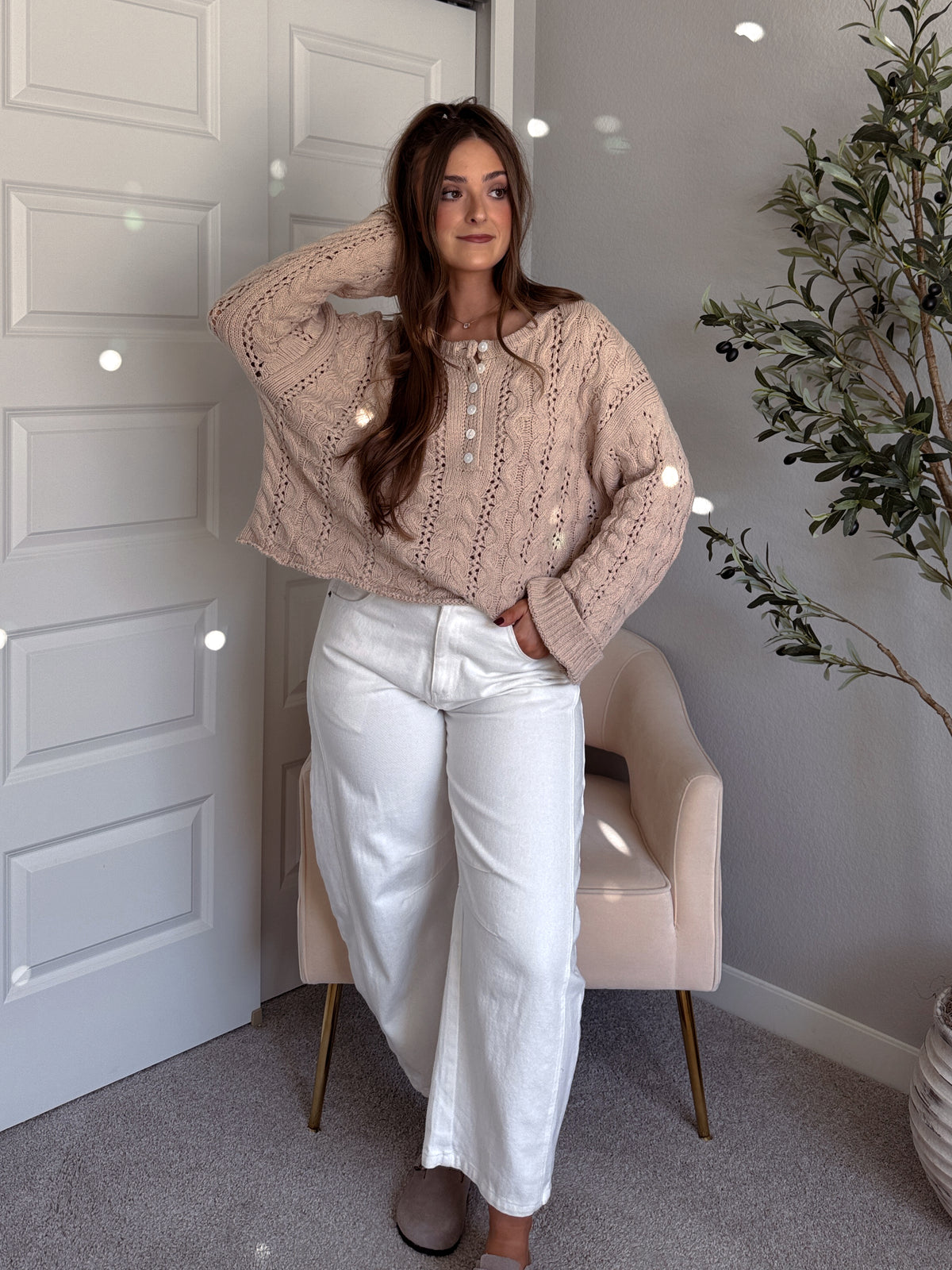 Clover Cable Knit Pullover Sweater (Taupe)