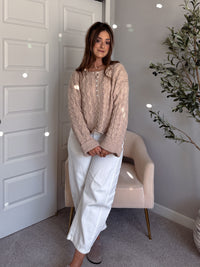 Clover Cable Knit Pullover Sweater (Taupe)