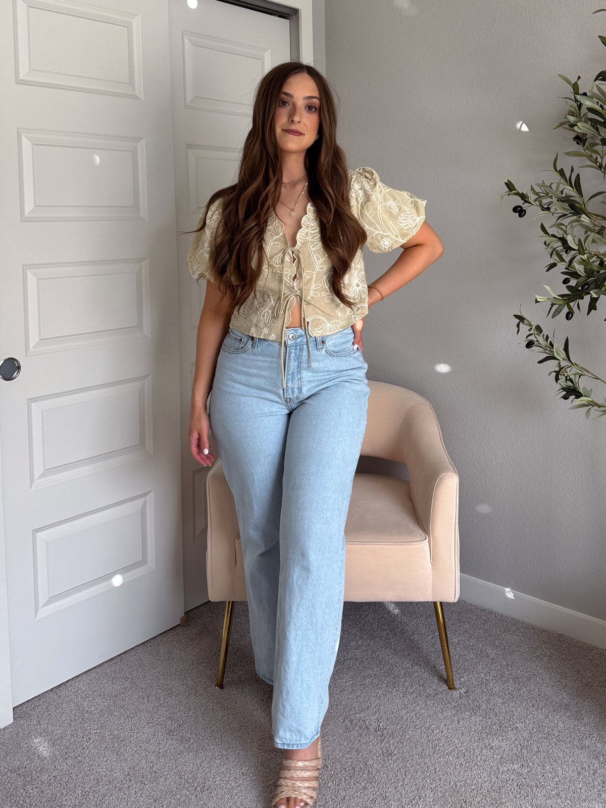 Colette Floral Embroidered Tie-Front Top (Light Sage)