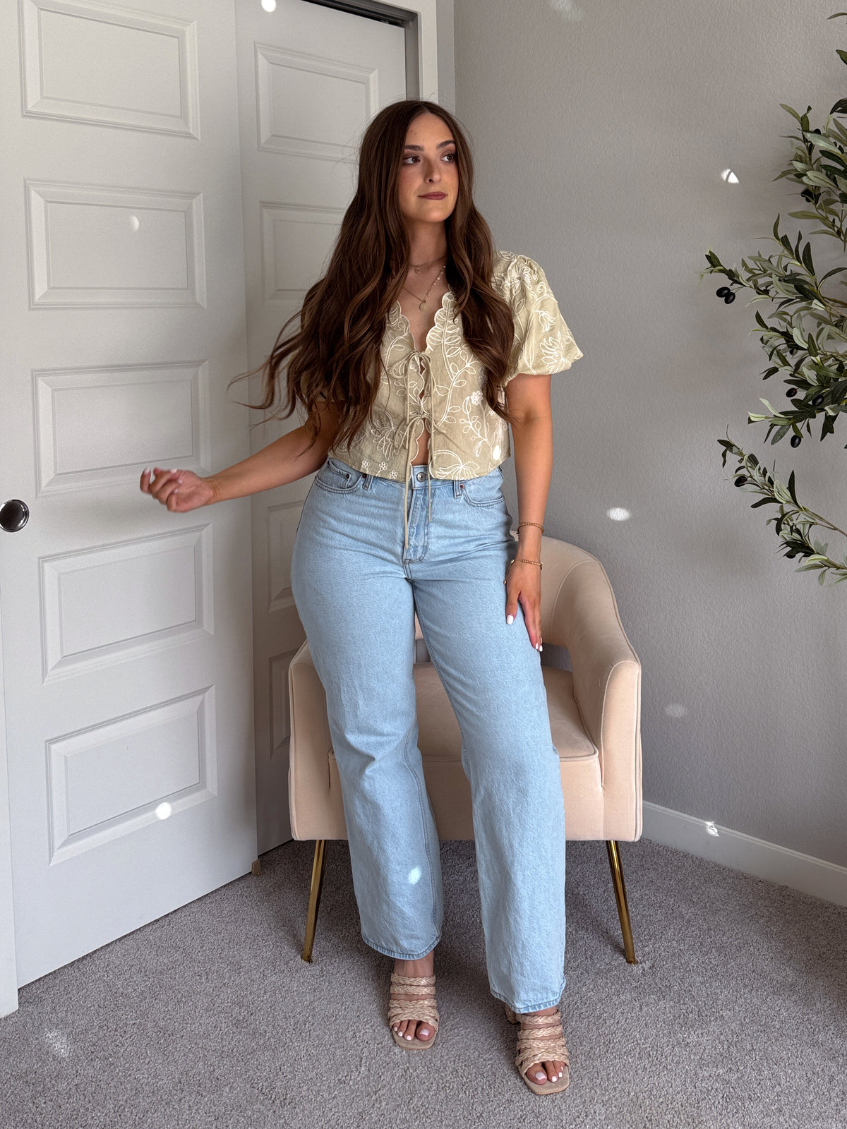 Colette Floral Embroidered Tie-Front Top (Light Sage)