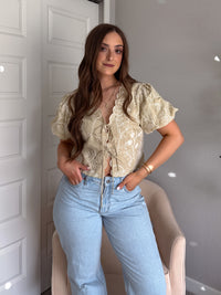 Colette Floral Embroidered Tie-Front Top (Light Sage)