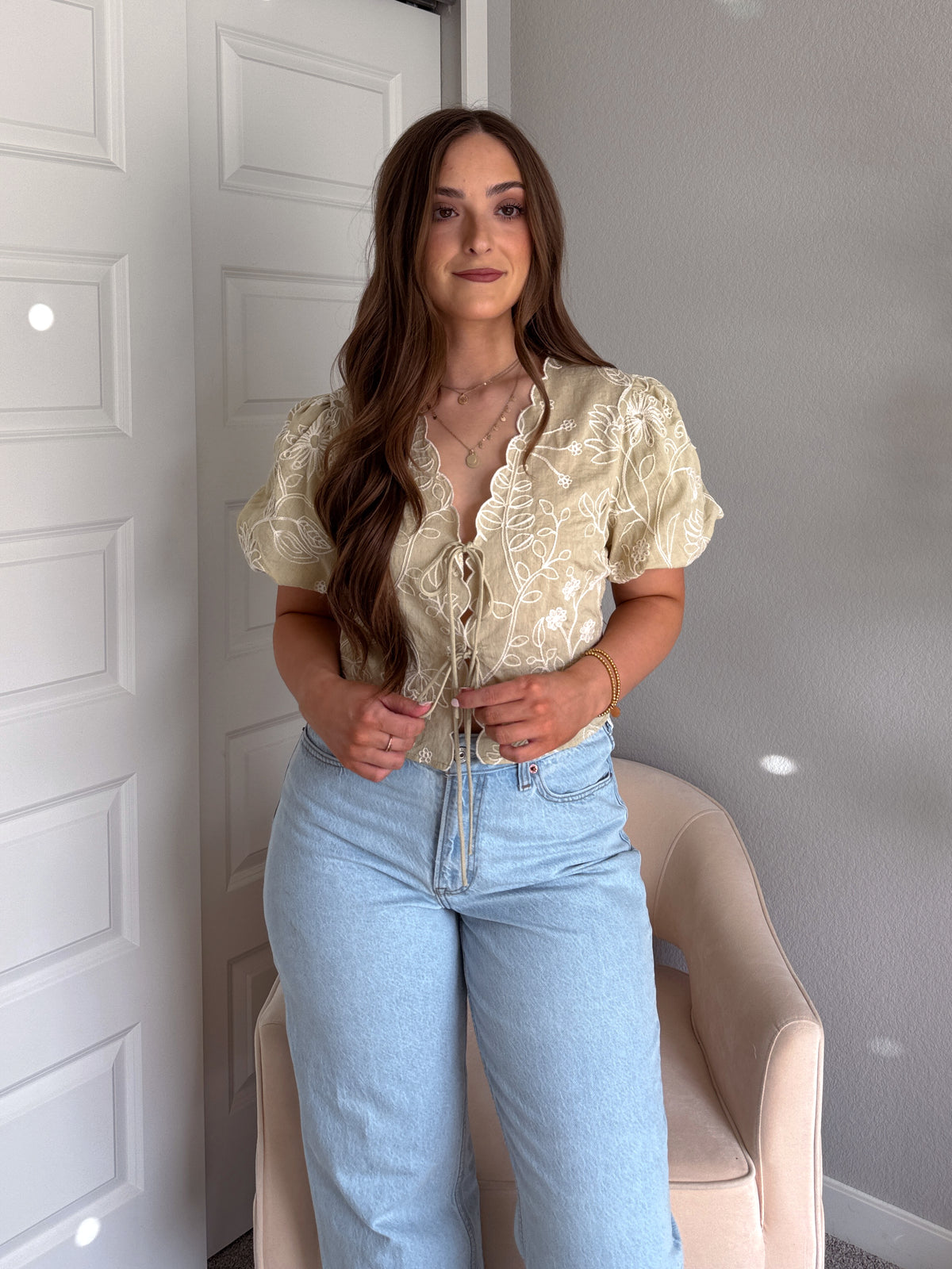 Colette Floral Embroidered Tie-Front Top (Light Sage)