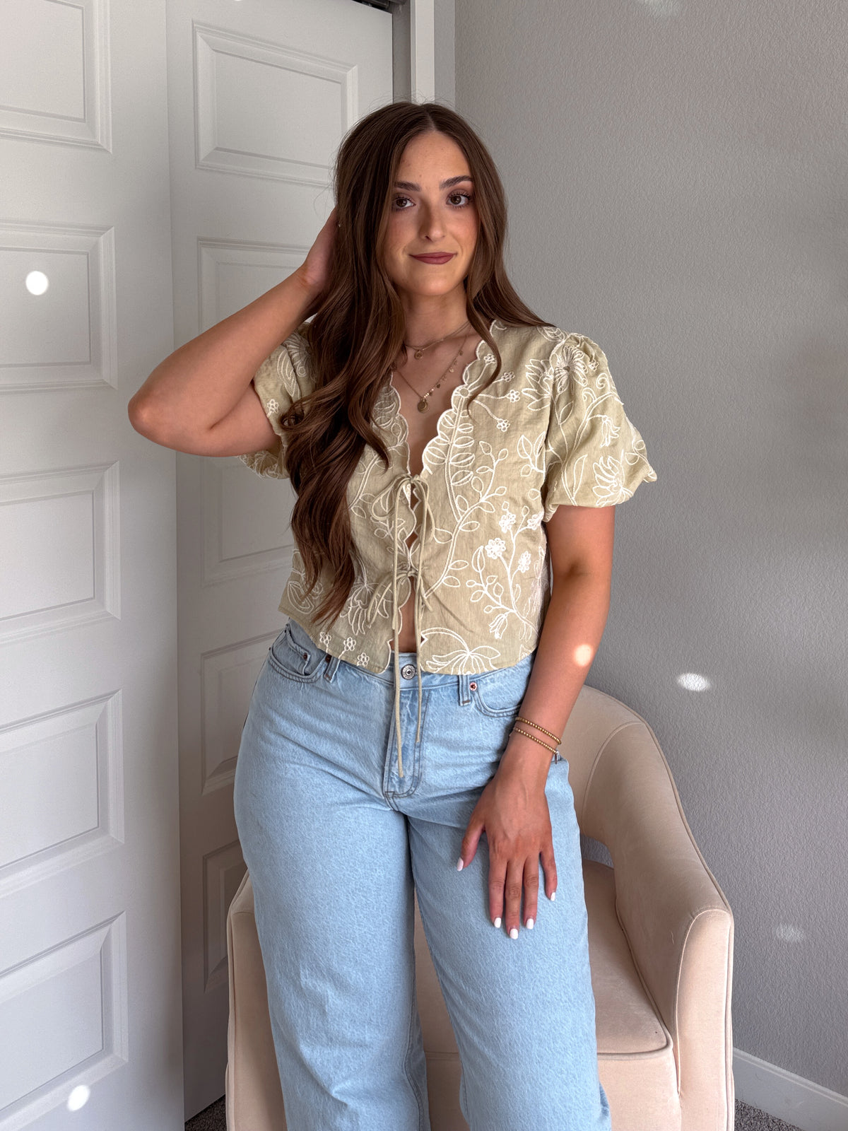 Colette Floral Embroidered Tie-Front Top (Light Sage)