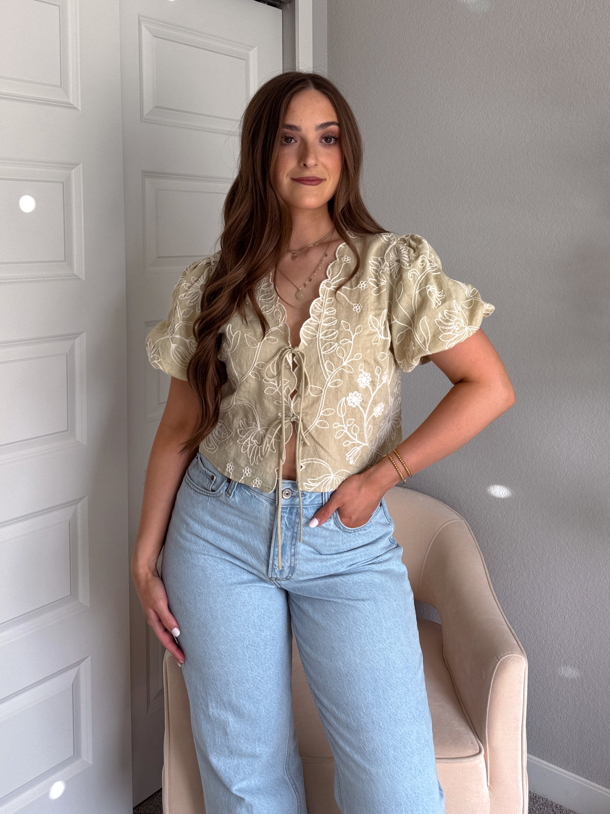 Colette Floral Embroidered Tie-Front Top (Light Sage)