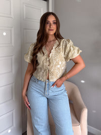 Colette Floral Embroidered Tie-Front Top (Light Sage)