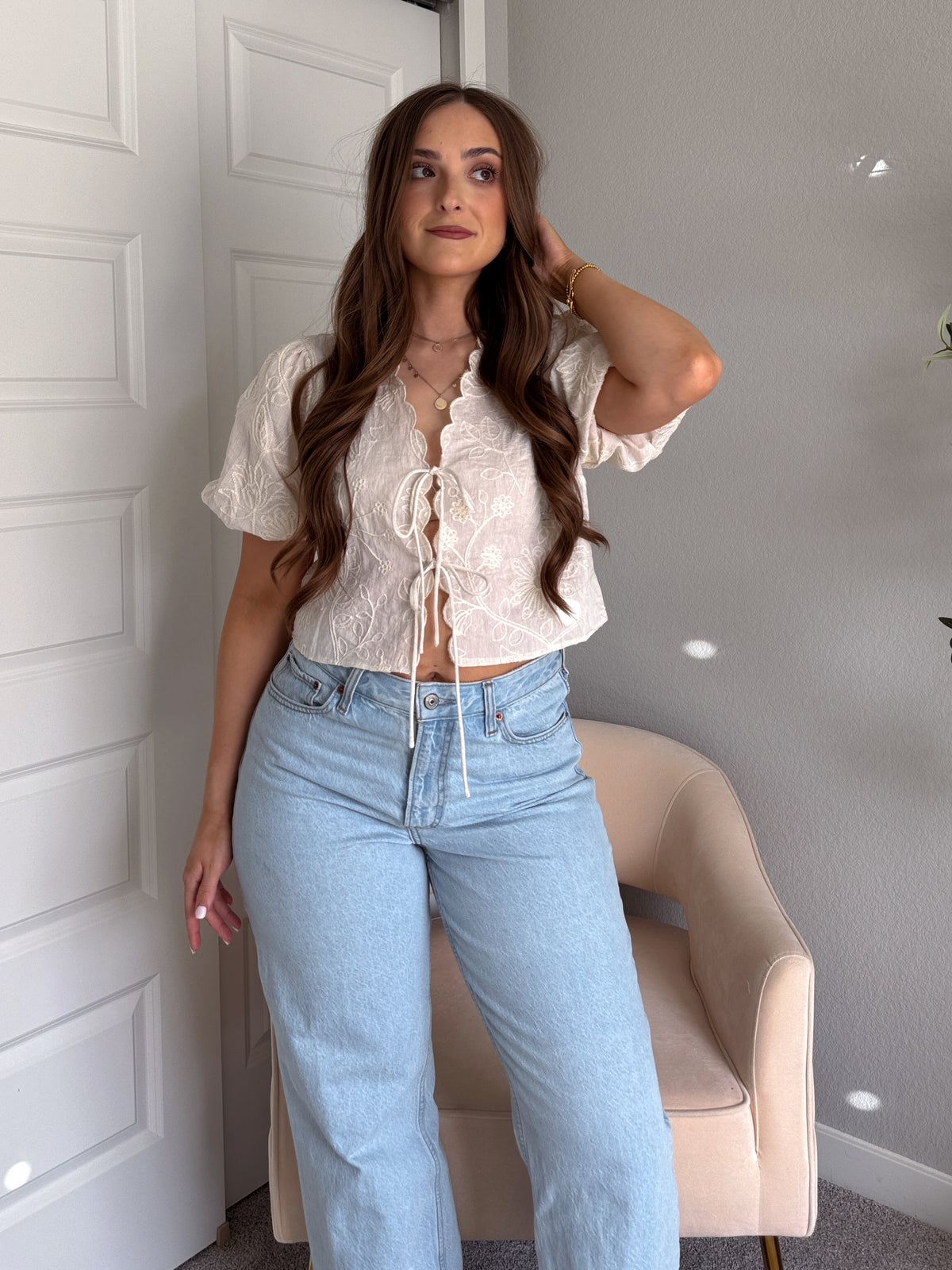Colette Floral Embroidered Tie-Front Top (Cream)