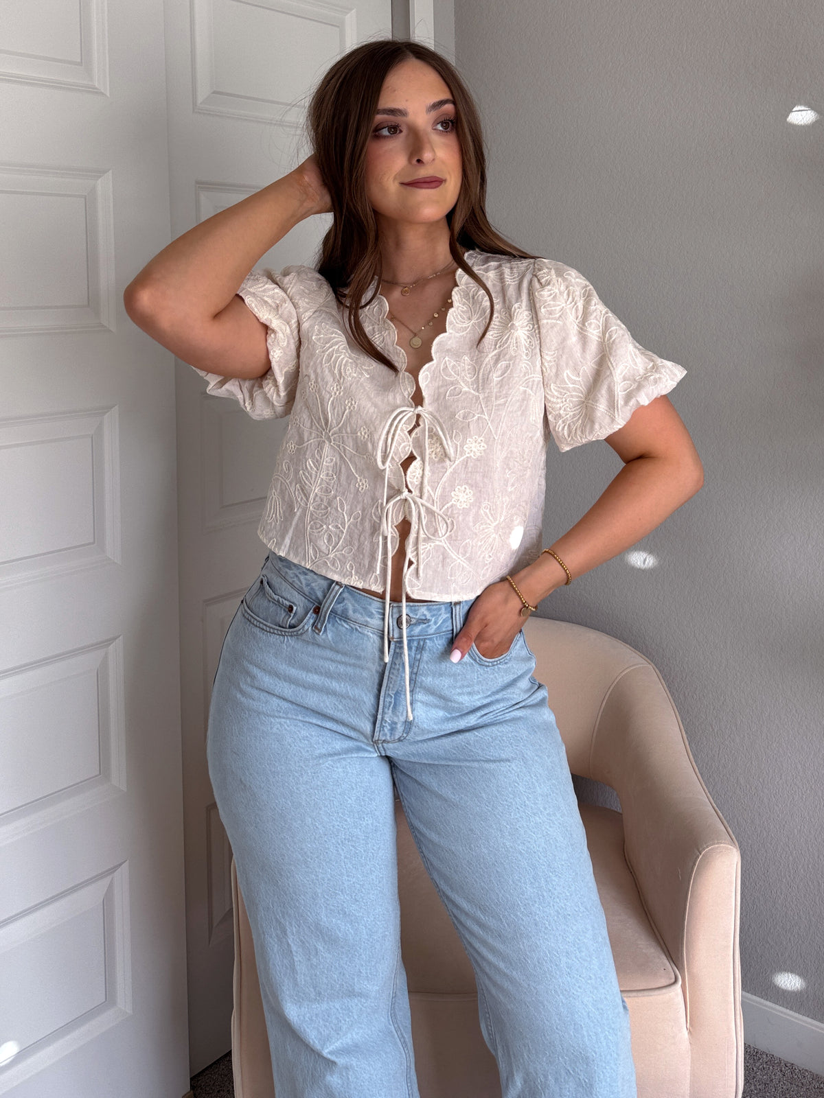 Colette Floral Embroidered Tie-Front Top (Cream)