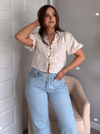 Colette Floral Embroidered Tie-Front Top (Cream)