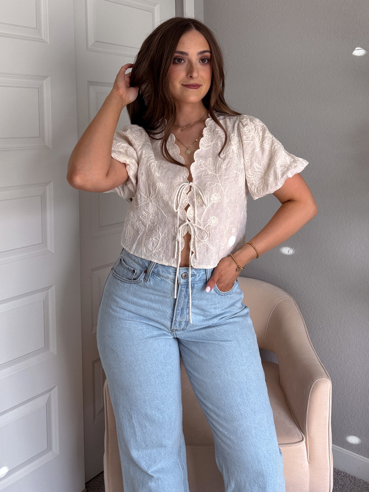Colette Floral Embroidered Tie-Front Top (Cream)