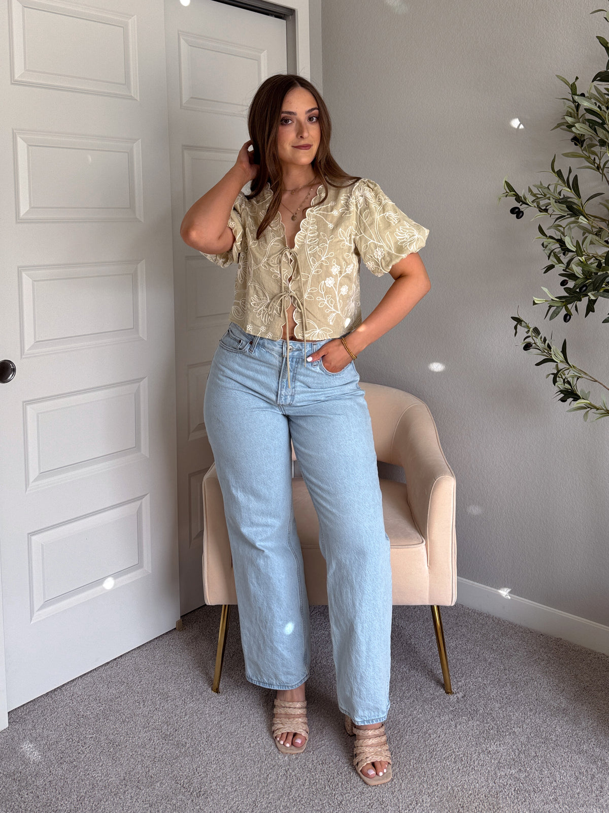 Colette Floral Embroidered Tie-Front Top (Light Sage)