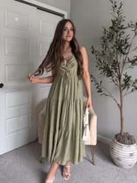 Colette Striped Cutout Tiered Maxi Dress (Olive)