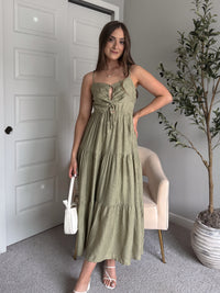 Colette Striped Cutout Tiered Maxi Dress (Olive)